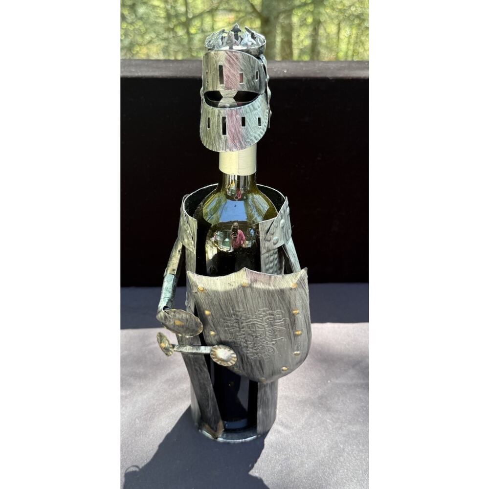 Vtg Medieval Handcrafted Metal Knight In Armor Bottle Wine Bottle Holder